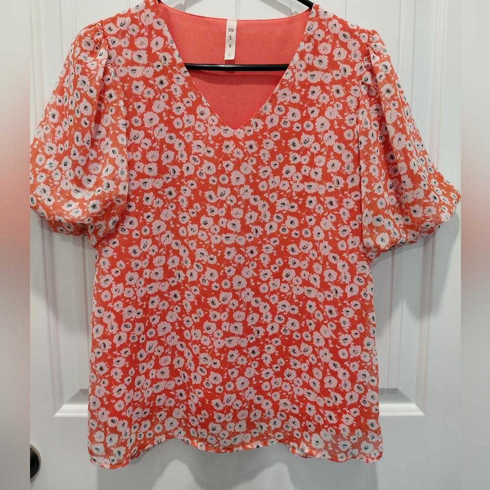 mts Coral Floral Puff-Sleeve V-Neck Blouse #0661
